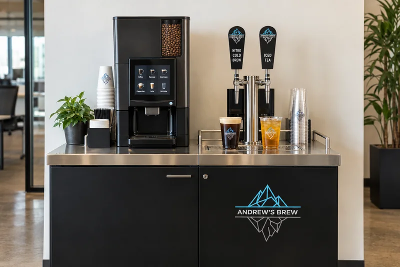 Representative complete Andrew’s Brew station: bean-to-cup coffee beside compact cold brew and tea taps, grounded on a stainless counter
