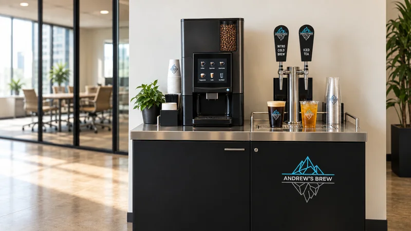 Representative Andrew’s Brew hot coffee and dual-tap cold beverage station in a daylit workplace