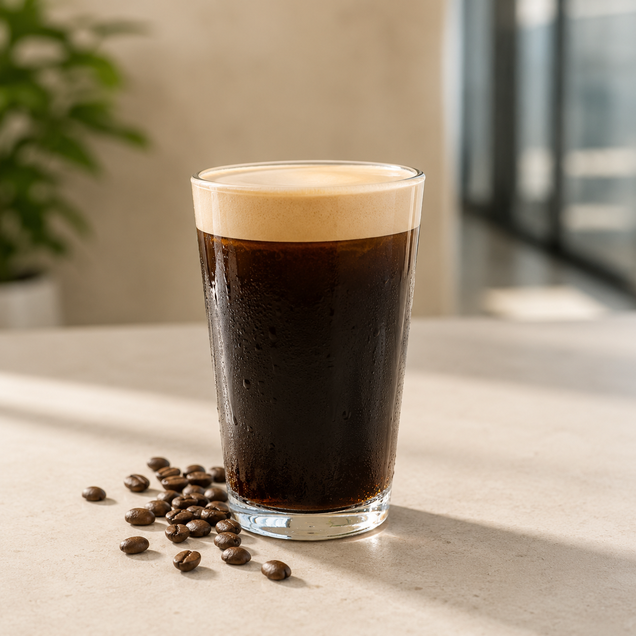 Glass of nitro cold brew for an office beverage station